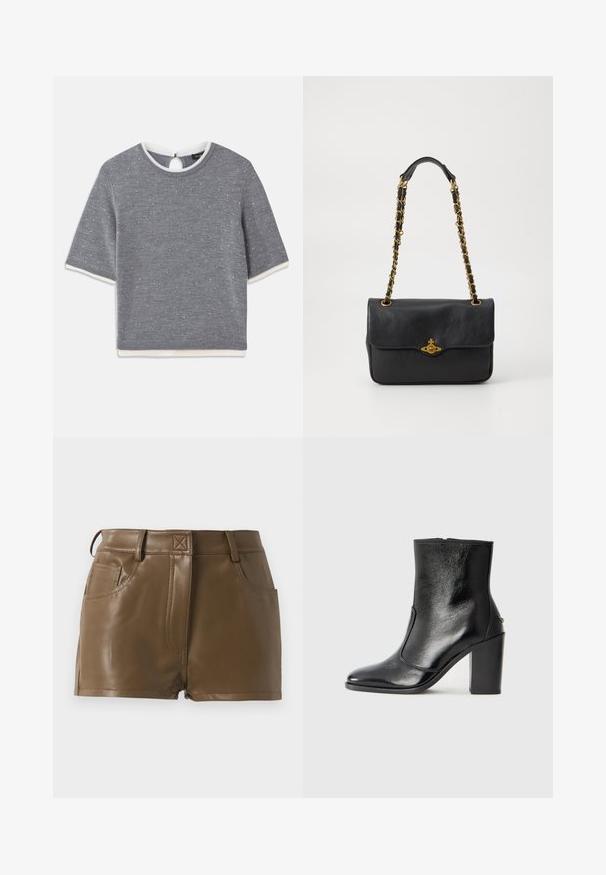 Maglietta grigia a maniche corte con scollatura rotonda, caratterizzata da un motivo testurizzato e dettagli a costine bianchi sul colletto e sull'orlo. Dettaglio a forma di chiave sul retro.; Pantaloni corti in finta pelle marrone con un design aderente, vita con passanti per cintura, tasche frontali e dettagli di cucitura in evidenza.; Stivale alla caviglia in pelle nera, con una superficie liscia, punta affilata e tacco alto e massiccio. Presenta una apertura laterale e un design minimalista.; Borsa a tracolla nera in pelle con pattina pieghevole, tracolla in catena dorata e dettaglio con logo sul davanti. Texture liscia.