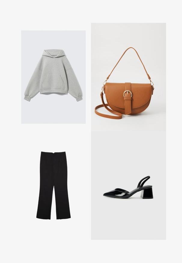 Vaaleanharmaa ylipitkä huppari, jossa on etupuolella kengurupocket ja joustavat hihansuut, asetettuna litteäksi yksinkertaista taustaa vasten.; Mustat housut suoralinjaisella leikkauksella, joissa on etutaskut ja sivurei'ät helman alla. Valmistettu pehmeästä ja sileästä kankaasta. Sopii eri tilaisuuksiin.; Mustat patentoitu nahkakengät, joissa on säären takaosa ja terävä kärki, sekä geometrinen palikkakorko. Sisältää tyylikkään, minimalistisen muotoilun ja sileän pinnan.; Ruskean nahkainen olkalaukku, jossa on kaareva muoto, kultaiset yksityiskohdat ja solkiyksityiskohta. Varustettu irrotettavalla olkahihnalla.