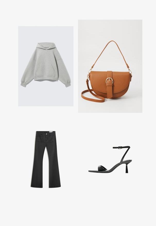 Lichtgrijze oversized hoodie met een voorzak en elastische manchetten, plat neergelegd op een effen achtergrond.; Zwarte flared jeans van denim met een gladde textuur, voorzien van twee achterzakken en een knoopsluiting bij de taille.; Bershka Sandalen met hoge hak - black; Bruine leren schoudertas met een gebogen vorm, gouden hardware en een gespaccent. Bevat een afneembare schouderriem.