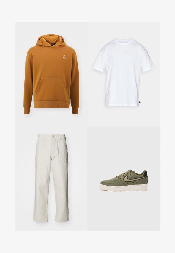 Jordan Felpa con cappuccio - desert bronze white; T-shirt bianco in cotone con maniche corte e colletto tondo. Presenta un piccolo e discreto logo Nike sul petto e un'etichetta laterale.; Pantaloni a gamba larga beige chiaro in cotone. Presentano tasche frontali e chiusura con bottone. Tessuto liscio con sottili linee verticali.; Sneaker in tela verde oliva con accenti neri, caratterizzato da un design con lacci, colletto imbottito e suola testurizzata con marchio “AIR”.