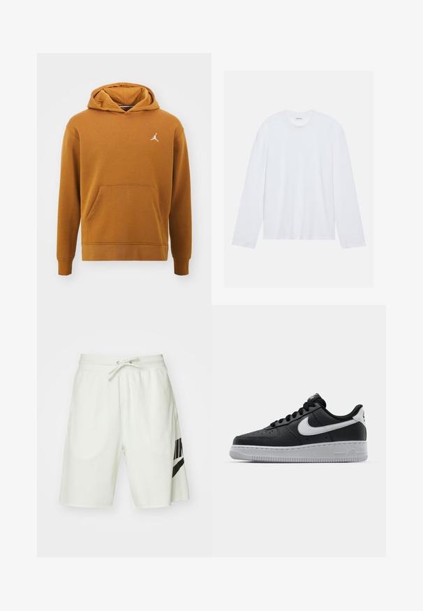 Jordan Sweatshirt - desert bronze white; Hvit langermet t-skjorte laget av bomull. Har en klassisk rund hals og senkede skul seams, med en jevn, ensfarget tekstur.; Lysegrå bomullsshorts med elastisk midjebånd, justerbar snor og en svart Nike-logo på venstre side.; Svart lær sneakers med teksturert overflate, hvit Nike swoosh, grå såle, rund tå og snøredesign. Har perforeringer på tåboksen.