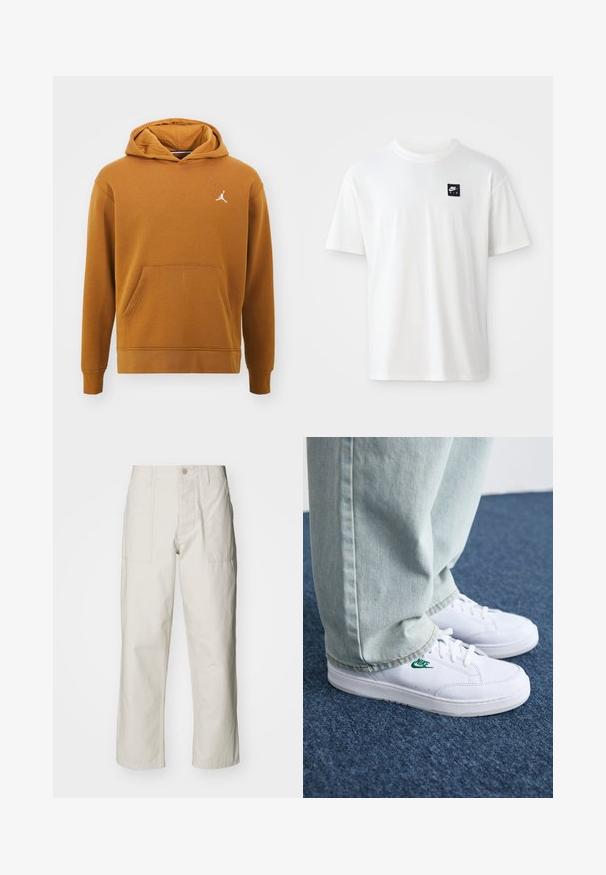 Jordan Bluză de molton - desert bronze white; Tricou alb din bumbac, cu mâneci scurte și guler sub formă de cerc; prezintă un mic logo Nike Air, de culoare neagră, sub formă de dreptunghi pe pieptul stâng.; Pantaloni wide-leg de culoare bej deschis, confecționați din bumbac. Dispun de buzunare frontale și închidere cu nasture. Textură netedă cu linii verticale subtile.; Adidași din piele albă cu logo-ul Nike verde, vârf rotund, talpă plată, asortați cu pantaloni din denim bleu deschis, prezentați pe un covor albastru.