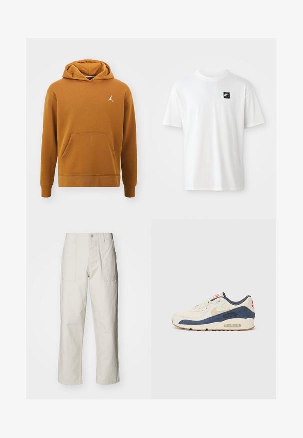 Jordan Bluză de molton - desert bronze white; Tricou alb din bumbac, cu mâneci scurte și guler sub formă de cerc; prezintă un mic logo Nike Air, de culoare neagră, sub formă de dreptunghi pe pieptul stâng.; Pantaloni wide-leg de culoare bej deschis, confecționați din bumbac. Dispun de buzunare frontale și închidere cu nasture. Textură netedă cu linii verticale subtile.; Adidași cu un superior din piele crem și suede bleumarin, având o talpă intermediară cu aer vizibil, talpă exterioară din cauciuc bej și un accent roșu pe toc.