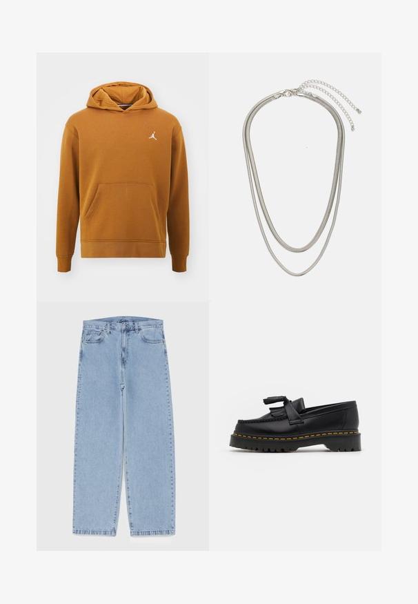 Jordan Sudadera - desert bronze white; Jean de mezclilla azul claro con diseño de pierna recta, con una cintura de altura media, cinco bolsillos y un cierre de botón y cremallera.; Mocasín de cuero negro con un acento de borlas, que presenta una suela gruesa negra y costuras amarillas a lo largo del borde. Acabado texturizado.; Collar de metal plateado de tres capas que presenta cadenas flexibles y elegantes con un ligero brillo, asegurado con un cierre de langosta y cadena ajustable.