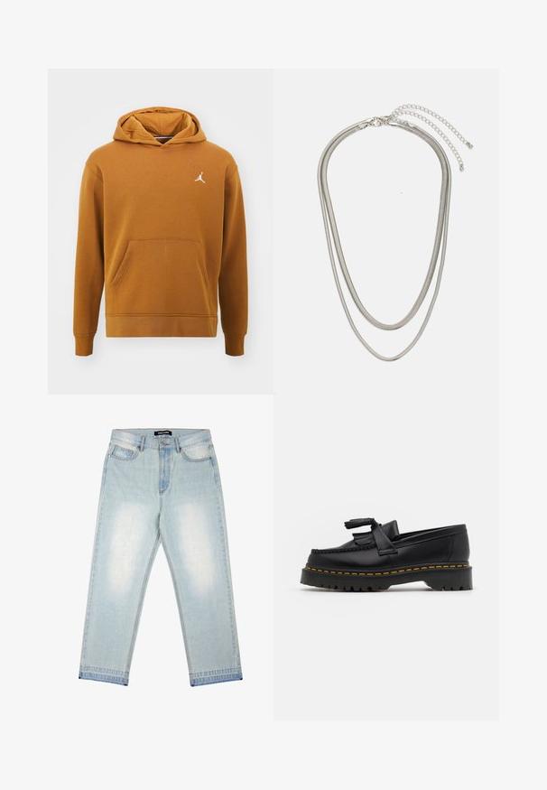 Jordan Sweatshirt - desert bronze white; Pegador BARROW - Loose Jeans - sand washed blue; Black leather loafer with a tasseled accent, featuring a chunky black sole and yellow stitching along the edge. Textured finish.; Three-layered silver metal necklace featuring sleek, flexible chains with a slight sheen, secured with a lobster clasp and adjustable chain.