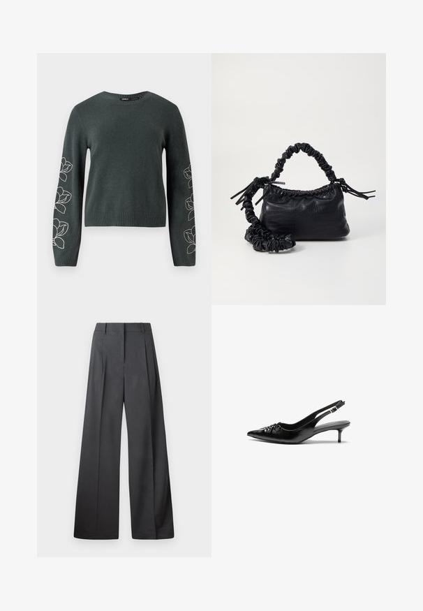 Temnozeleni pleteni pulover z dolgimi rokavi, z belimi vezenimi cvetličnimi vzorci ob rokavih ter rebrastim ovratnikom in robom.; Široke hlače iz temno sive tkanine, z visokim pasom, enim pregibom ter gladko teksturo z čisto obrobo na robovih.; Črne usnjene slingback pete z izostrenim nosom, majhno mačje peto in okrasno vozličasto podrobnostjo na sprednjem delu. Gladka tekstura po celotni površini.; Črna torbica iz umetnega usnja s krokodilovo teksturo, z zvitim vrhom in zmečkano naramico. Zdi se mehka in kompaktna v oblikovanju.