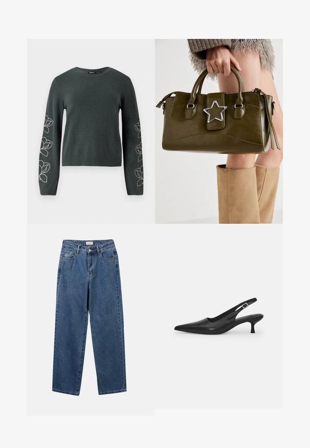 Maglione lavorato a maglia verde scuro con maniche lunghe, caratterizzato da design di fiori ricamati bianchi lungo le maniche e un colletto e orlo a coste.; Jeans in denim blu classico con design a gamba dritta, cinque tasche e chiusura con bottone. Presentano un lavaggio medio e una trama robusta.; Scarpa slingback nera in pelle con punta affusolata e tacco sottile e curvato. Presenta una discreta fascia regolabile con una fibbia in metallo.; Borsa a mano in similpelle verde oliva con accentatura a stella argentata, manici doppi e chiusura con zip. Superficie testurizzata e forma strutturata.