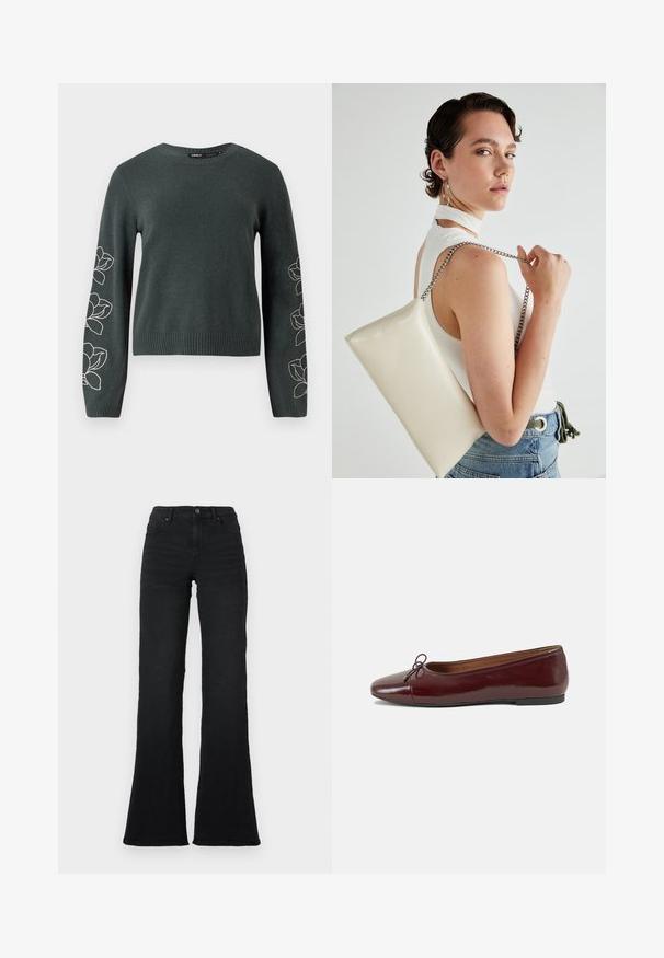 Tmavě zelený pletený svetr s dlouhými rukávy, s bílými výšivkami květinových vzorů podél rukávů a s žebrovaným výstřihem a lemem.; Černé zvonové džíny s vysokým pasem, předními kapsami, poutky na opasek a zapínáním na knoflík na bílém pozadí.; Burgundské lakové baleríny s kulatou špičkou, malou mašlí vpředu a nízkou černou gumovou podrážkou. Hladký povrch.; Bílá obdélníková psaníčko vyrobené z lesklého materiálu, se stříbrným řetízkovým popruhem. Modelka pózuje a předvádí tašku na jednobarevném pozadí.