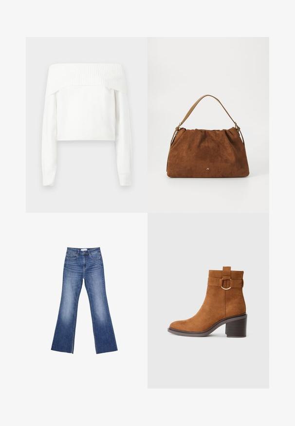 Off-the-shoulder witte trui gemaakt van zacht breimateriaal, met lange mouwen en ribgebreide accenten langs de halslijn en manchetten.; Blauwe spijkerbroek met een hoge taille, voorvakjes en een lichte flair aan de onderkant op een witte achtergrond.; Bruine suède enkelboot met een ronde neus, blokhak en een decoratieve riem met een ronde gesp.; Bruine suède handtas met een geplooid ontwerp, voorzien van een enkele tan kleur leren schouderband en een subtiele gouden logo-detail aan de voorkant.