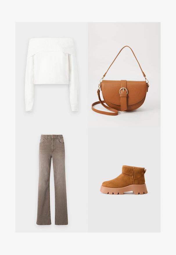 Pull blanc à épaules dénudées en maille douce, avec des manches longues et des accents côtelés le long de l'encolure et des poignets.; Jean taille haute droit marron avec bouton avant, passants de ceinture et design classique à cinq poches sur fond blanc.; Bottines en daim tan avec un bout rond, une semelle brune texturée et une languette. Comprend une couture et un design de plateforme épaisse.; Sac bandoulière en cuir marron avec une forme incurvée, quincaillerie dorée et un accent en boucle. Comprend une bandoulière détachable.