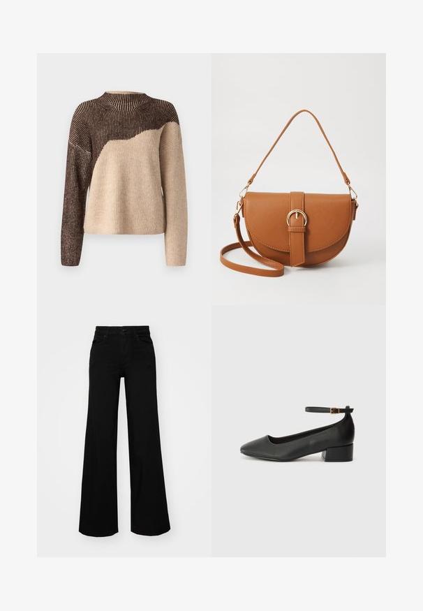 VILA VIKARLA - Pullover - brown/beige; Pantalons large en denim noir, dotés d'une taille structurée, de passants de ceinture et de poches avant. Texture lisse avec un design classique.; Escarpin en cuir noir avec un bout pointu et un petit talon bloc. Doté d'une bride de cheville avec une boucle dorée. Texture lisse.; Sac bandoulière en cuir marron avec une forme incurvée, quincaillerie dorée et un accent en boucle. Comprend une bandoulière détachable.