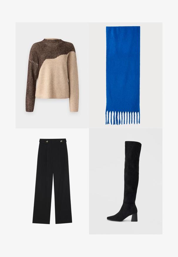 VILA VIKARLA - Maglione - brown/beige; Pantaloni neri a gamba larga con vita alta, dettagli con bottoni in vita e pieghe frontali.; Stivale in suede nero alto fino al ginocchio con tacco a blocco, punta affusolata e design liscio e senza cuciture su uno sfondo chiaro e semplice.; Sciarpa blu con frange, realizzata in tessuto morbido; presenta un colore uniforme con una superficie testurizzata e frange tagliate in modo uniforme nella parte inferiore.; Borsa a tracolla in pelle nera con due manici lunghi, una texture liscia e una forma strutturata. Presenta una tasca frontale per ulteriore spazio di archiviazione.