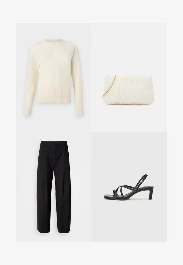 Šviesiai kreminės spalvos megztinis su ilgomis rankovėmis, apvaliu iškirpimu ir raukšlėtu apvadu. Pagamintas iš minkštos medžiagos, pasižymi lygiu paviršiumi.; Juodi kelniai su laisvu siluetu, raukšlėtu priekiniu dalimi ir diržo kilpelėmis. Lygus audinys ir tiesios kojos, su šoninėmis kišenėmis.; Juodi šlepetės su kvadratiniu pirštu ir žemu bloku kulnu. Yra keli ploni dirželiai ir reguliuojamas kulkšnies diržas. Pagaminti iš lygios odos.; Balta tekstūruota sankabos rankinė su susiraukšlėjimo dizainu, turinti auksinę grandinėlę. Lygaus paviršiaus su subtiliomis bangomis ir suapvalintais kraštais.