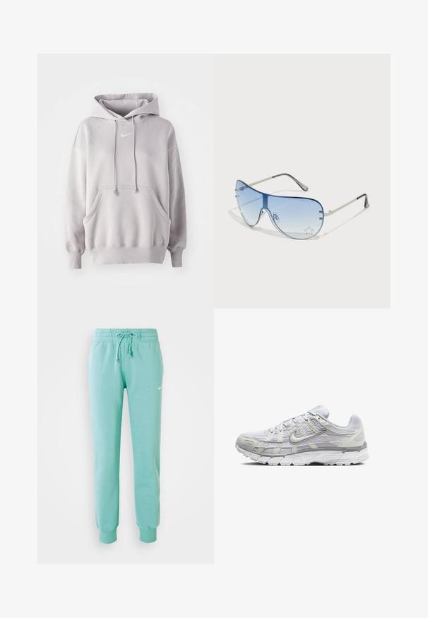 Hoodie de algodão cinza claro com um bolso canguru, cordões ajustáveis e um pequeno logótipo branco no peito. Textura suave, corte descontraído.; Calças de moletão verde menta com uma cintura elástica, cordão e punhos canelados. Apresenta um pequeno logotipo branco da Nike na coxa esquerda.; Sapatos atléticos cinza claro com parte superior em malha e sintético, apresentando um fecho de cordões, colarinho acolchoado e sola texturizada para aderência.; Óculos de sol aviador com lentes azuis em degradê, armação metálica prateada e detalhes decorativos de estrelas nas lentes. Design suave e elegante.