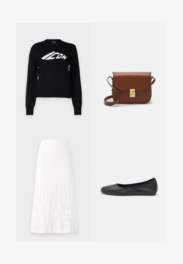 Maglione nero lavorato a maglia con scollo rotondo, polsini e orlo a costina, e un grande logo grafico bianco sul davanti.; Gonna midi bianca in maglia con un motivo testurizzato a righe verticali e dettagli a taglio vicino all'orlo. Vita elasticizzata. Materiale morbido.; Pantofole da balletto nere in pelle con punta arrotondata, texture liscia, dettagli di cucitura minimi e design con suola flessibile.; Borsa a tracolla in pelle marrone con chiusura a pattina, hardware color oro, tracolla e una finitura liscia. Forma rettangolare compatta.