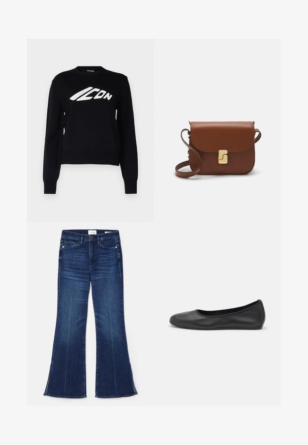 Must have kudumisega must sviiter, millel on ümmargune kaelus, ribakudumistega varruka- ja hemmi ääred ning esiküljel silmapaistev valge graafiline logo.; Tumedat sinised laiad teksad, mis on valmistatud denimist. Omavad kõrget vööd, eesmine taskud ja lõhikud hemmi juures. Klassikaline viie-tasku disain.; Musthave mustika tantsutossud mustast nahast, ümmarguse varbaga, siledast tekstuurist, minimaalse õmblusdetailiga ja paindliku tallakujundusega.; Pruunist nahast käekott, millel on klapiga sulgur, kuldne riistvara, õlarihm ja sile tekstuur. Kompaktne ristkülikukujuline vorm.