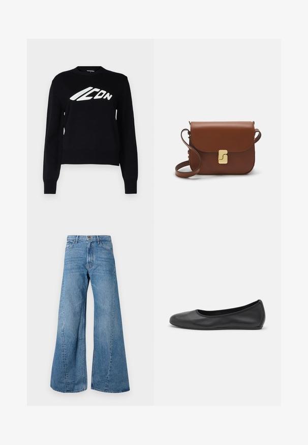 Black knitted sweater featuring a crew neckline, ribbed cuffs and hem, and a prominent white graphic logo on the front.; Wide-leg blue denim jeans with a high waist, featuring classic five-pocket styling and slight fading for texture.; Black leather ballet flat with a rounded toe, smooth texture, minimal stitching detail, and a flexible sole design.; Brown leather handbag with a flap closure, gold-tone hardware, a shoulder strap, and a smooth texture. Compact rectangular shape.