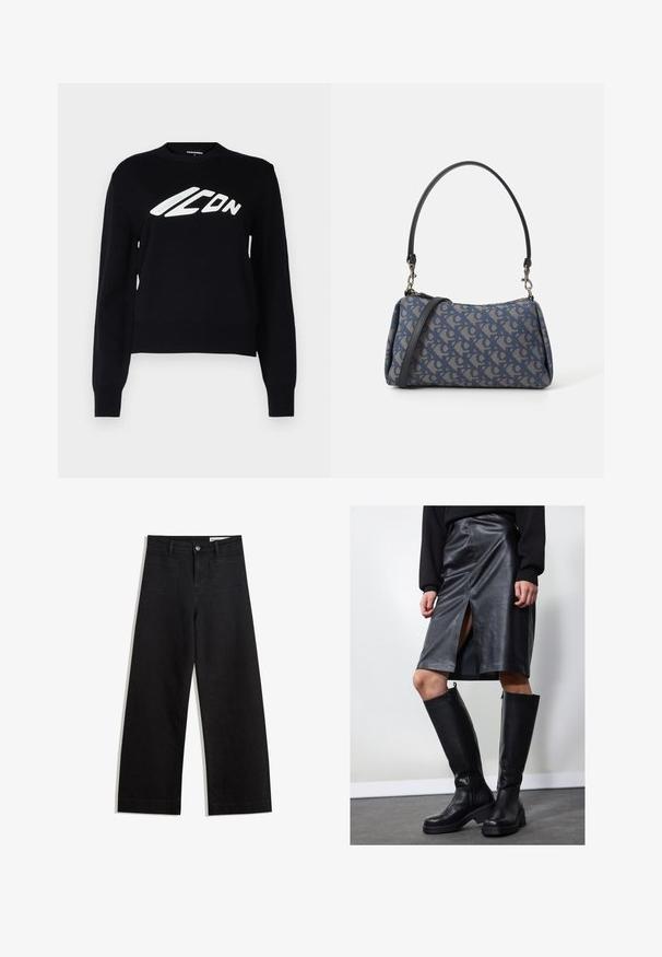 Maglione nero lavorato a maglia con scollo rotondo, polsini e orlo a costina, e un grande logo grafico bianco sul davanti.; Pantaloni in denim neri a gamba larga con vita alta, dotati di tasche anteriori e posteriori, cuciture a punto, e chiusura con bottone. Texture liscia.; Gonna a tubino in pelle nera con spacco frontale, abbinata a stivali neri fino al ginocchio con zip e suola spessa per guadagnare altezza.; Borsa a tracolla blu con motivo, realizzata in tessuto, caratterizzata da una forma curva, una tracolla in pelle nera e un logo in una tonalità più chiara.