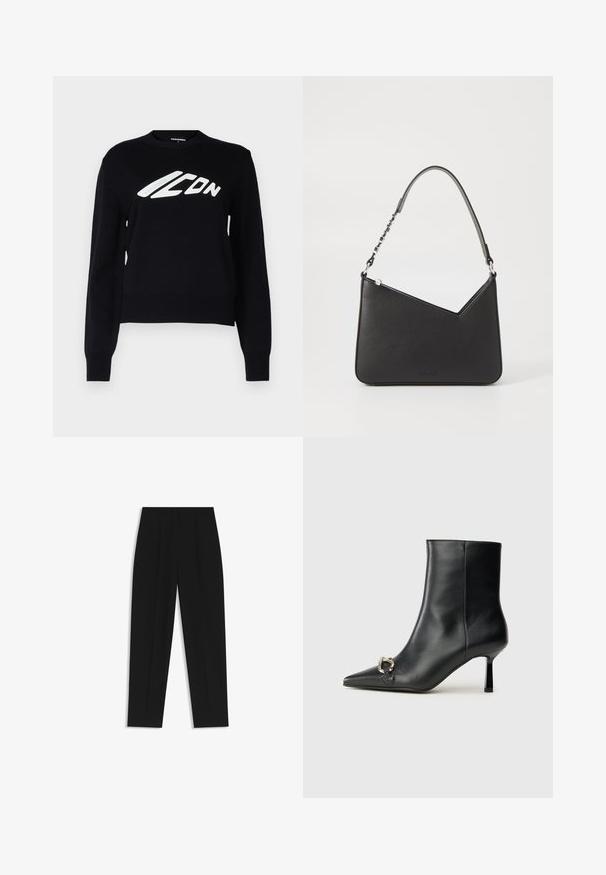 Maglione nero lavorato a maglia con scollo rotondo, polsini e orlo a costina, e un grande logo grafico bianco sul davanti.; Pantaloni neri a taglio dritto, con doppie pieghe, una texture liscia e un design classico in vita. Nessun hardware o dettaglio visibile.; Stivale alla caviglia in pelle nera con punta affusolata, tacco sottile di media altezza e dettaglio in fibbia argentata sul lato, su sfondo semplice.; Borsa a mano in pelle nera con forma triangolare, una tracolla sottile e accessori in argento. Presenta una chiusura con zip e un logo impresso sul davanti.