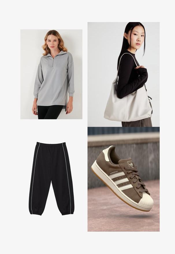 Felpa leggera grigia con collo a mezza zip, maniche lunghe e spacchi laterali. Tessuto morbido e vestibilità comoda.; Pantaloni della tuta neri realizzati in un mix di cotone, con vita ed estremità delle maniche elastiche, dotati di strisce laterali bianche a contrasto. Vestibilità casual e ampia.; Sneaker in suede marrone con strisce bianche, accenti crema e punta in gomma. Presenta un design con lacci e una suola in gomma testurizzata.; Borsa a mano beige realizzata in materiale morbido, caratterizzata da un design morbido, dettagli cuciti e due manici. Adatta per l'uso quotidiano.