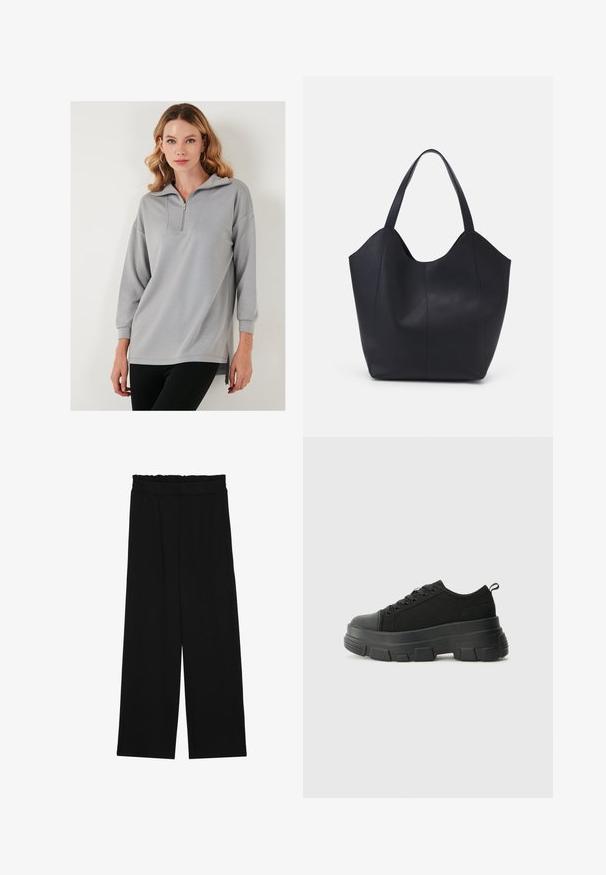 Svetlošedý pulóver so zipsom po polovici, dlhými rukávmi a bočnými rozparkami. Hladký materiál a voľný strih.; Čierne široké nohavice s volánovým pásom, obsahujúce dve bočné vrecká a hladký, ľahký materiál. Žiadne viditeľné vzory ani kovové príslušenstvo.; Čierne tenisky s masívnou gumovou podrážkou, textúrovaným textilným zvrškom, okrúhlou špičkou a šnurovaním. Obsahujú spevnené očká a zadný úchop.; Čierna taška s dlhým uchom vyrobená z hladkej kože, s oblým otvoreným vrchom a dvoma ramennými popruhmi, minimalistického dizajnu.