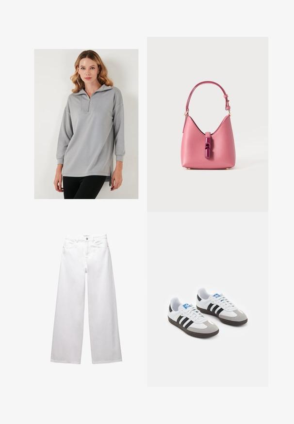 Lichtgrijze pullover sweatshirt met halve rits-kraag, lange mouwen en zijsplitten. Glad textuur en ontspannen pasvorm.; Witte wijde denim jeans. Voorzien van een knoopsluiting, voor- en achterzakken, en gestikte naden. Soepele textuur met minimale details.; Sportschoenen met een witte leren bovenkant, grijze suède neus en drie zwarte strepen. Bevat een blauw logo op de tong en een gestructureerde rubberen zool.; Roze leren handtas met een gestructureerde vorm, voorzien van een glanzende sluiting en een enkele verstelbare schouderband. Getextureerde afwerking met gouden hardware.