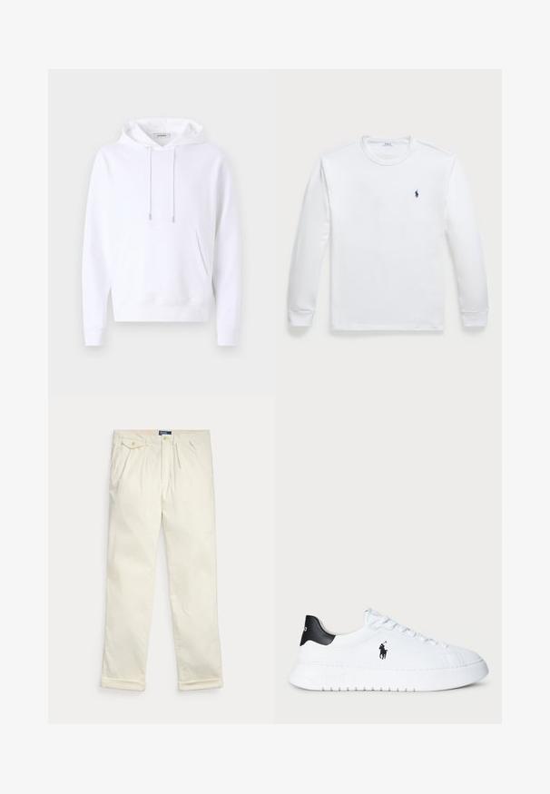 Hvit hettegenser i mykt stoff, med en lomme foran, elastiske ermer og snor med sølvfarget hardware.; Langermet hvit T-skjorte laget av bomull, med rund hals og en liten marineblå logo på venstre bryst. Glatt tekstur, enkelt design.; Kremfargede kordfløyelsbukser med folder, sidelommer, knapplomme med klaff og brettede mansjetter, lagt flatt på hvit bakgrunn.; Hvit lavt beskåret sneaker med svart hælflik og svart Polo Ralph Lauren-logo på siden, med hvite lisser og tykk gummisåle.