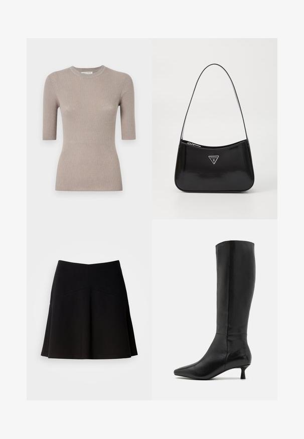 Beige, gerippter Strickoberteil mit kurzen Ärmeln und rundem Halsausschnitt. Hat eine taillierte Form und eine weiche Textur. Keine Muster oder Akzente.; Schwarzer, ausgestellter Rock aus weichem Stoff, mit einem taillierten Bund und Nahtdetails. Glatte Textur mit einem schlichten, klassischen Design.; Zign Stiefel - black; Schwarze patentierte Leder-Schultertasche mit geschwungener Form, ausgestattet mit einem silbernen Dreieckslogo und einem Reißverschluss. Glatte Textur und schmaler Riemen.
