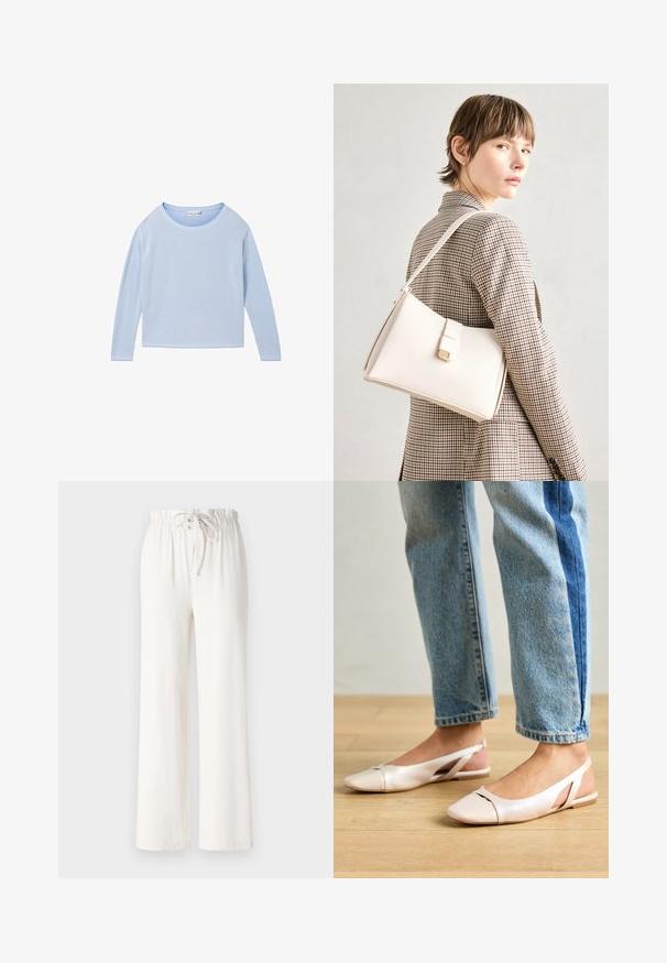 TOM TAILOR Pulover - blue bubble knit structure; Pantaloni albi cu picioare largi, confecționați dintr-un material moale, având un brâu cu șnur și o textură netedă. Fără modele sau embellishments vizibile.; Sandalete plate de un roz pal cu vârf ascuțit, realizate dintr-un material asemănător pielii, neted. Prezintă detalii decupate pe laterale și un toc plat.; Geantă de mână din piele albă cu un design structurat, având o închidere magnetică și un breteau, expusă pe un fundal neutru.