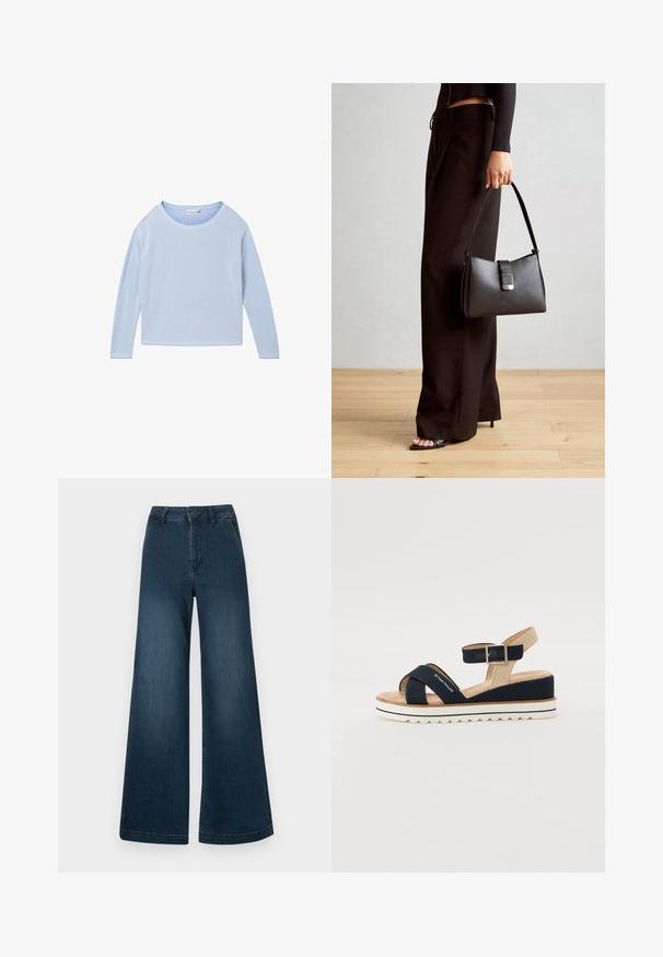 TOM TAILOR Maglione - blue bubble knit structure; Jeans in denim blu scuro a vita alta, a gamba larga, con tasche frontali e passanti per cintura su uno sfondo bianco.; Sandalo blu navy con due cinturini in tessuto, cinturino alla caviglia regolabile e retro beige testurizzato. Suola spessa, bianca e scalloppata. Marca stampata sul cinturino.; Borsa nera con forma strutturata, texture liscia e una chiusura metallica. Abbinata a pantaloni neri larghi e sandali open-toe su un pavimento in legno.