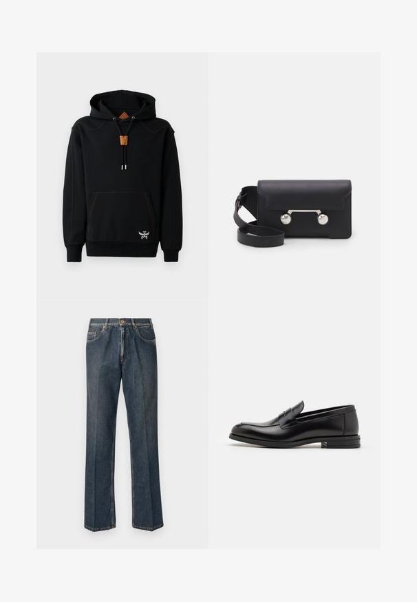 Felpa nera in cotone misto, con tasca a marsupio, cuciture arancioni, cordino in legno e dettaglio del logo ricamato sull'orlo.; Jeans in denim blu scuro a gamba dritta con bottone frontale, zip, doppie tasche anteriori e pieghe verticali visibili lungo le gambe.; Mocassini neri in pelle con una texture liscia, punta arrotondata e una striscia decorativa sulla tomaia. Tacco basso impilato, design minimalista.; Borsa a tracolla in pelle nera con chiusura a patta, hardware in tonalità argento e due accenti tondi. Dotata di una tracolla removibile. Texture liscia.