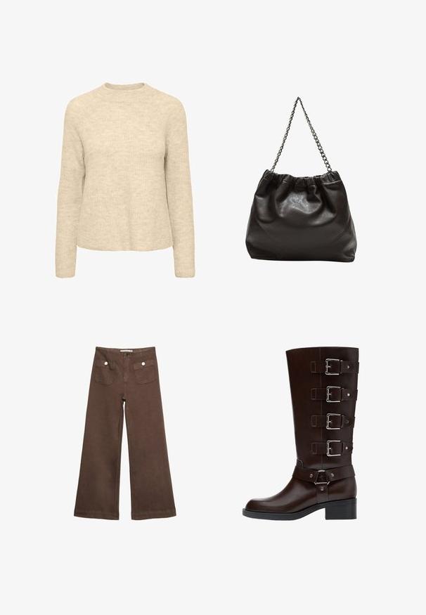 Beige neulepaita, jossa on pehmeä tekstuuri, pyöreä pääntie ja pitkät hihat. Yksinkertainen malli ilman näkyviä kuvioita tai koristeluita.; Ruske leve bukser i bomuld med to forlommer med sølvknapper og en glat overflade.; Tummanruskeat nahkasaappaat, jotka ulottuvat polveen, pyöreällä kärjellä, neljällä säädettävällä soljella ja lohkarepohjalla, joissa on sileitä ja teksturoituja pintoja.; Ruskea nahkainen laukku, jossa on kerätty yläosa ja ketjuhihna. Tasainen pinta, jossa kiiltävä viimeistely ja hienovaraiset sauman yksityiskohdat sivuilla.
