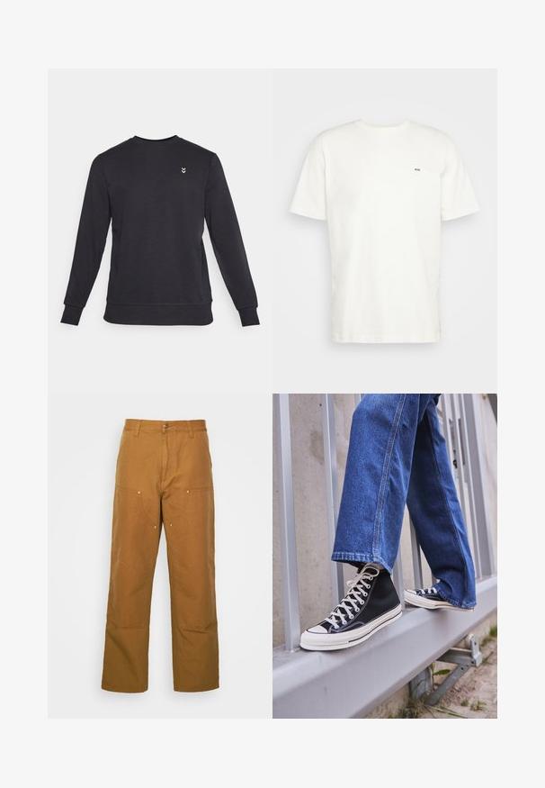 Schwarzer Rundhalsausschnitt-Pullover aus weichem Material, mit langen Ärmeln und gerippten Bündchen. Kleines Logo in Weiß auf der Brust.; Weißes Baumwoll-T-Shirt mit Rundhalsausschnitt, kurzen Ärmeln und kleinem schwarzen "W.W."-Logo auf der linken Brust. Glatte Textur, normale Passform.; Braune Baumwoll-Arbeitshosen mit geradem Bein, die über Vordertaschen und Metallakzente für zusätzliche Strapazierfähigkeit verfügen.; Schwarze High-Top-Sneaker mit weißer Sohle und Schnürsenkeln, kombiniert mit lockeren blauen Jeans, die auf einem grauen Geländer ruhen.