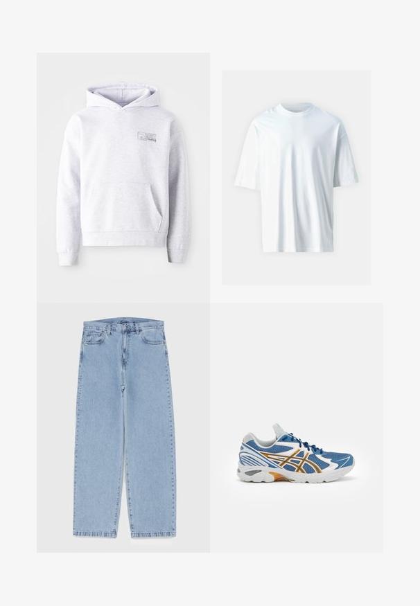 Siva kapuca izdelana iz mehke tkanine, z kenguru žepom, rebrastimi manšetami, nastavljivo kapuco in logotipom na prsih.; Bela kratka majica s kratkimi rokavi iz mehkega bombaža. Ima okroglo izreza, sproščen kroj in gladko teksturo. Brez vidnih vzorcev ali dodatkov.; Svijetloplave traperice s ravnim nogavicama, srednjeg struka, pet džepova te zatvaranjem na gumb i munju.; Modra atletska čevlja z mrežastim zgornjim delom, belimi in oranžnimi detajli, oblazinjenim srednjim podplatom in teksturiranim gumijastim podplatom. Ima dizajn na vezalke.