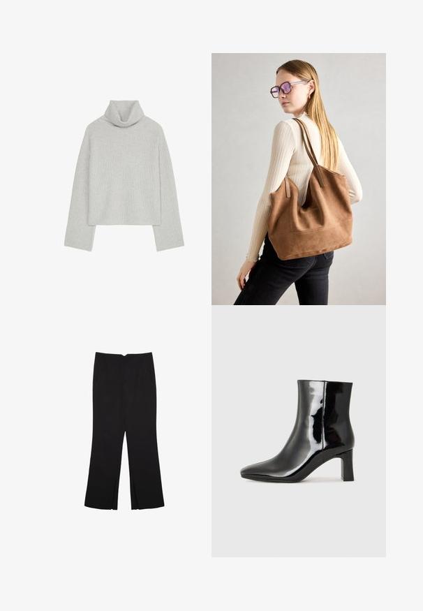 Vaaleanharmaa, ribattu pörröhihainen neulepaita, jossa on pitkät hihat ja löysä istuvuus. Neuleen rakenne on pehmeä ja kaulus on taitettu.; Mustat housut suoralinjaisella leikkauksella, joissa on etutaskut ja sivurei'ät helman alla. Valmistettu pehmeästä ja sileästä kankaasta. Sopii eri tilaisuuksiin.; Musta patenttilakattu nilkkuri, jossa on terävä kärki ja keskipitkä lohkarekorko. Silkkinen pinta ja minimalistinen muotoilu.; Ruskea nubukkivuoriolaukku, jossa on pehmeä rakenne, tilava avaus ja pitkät hihnat. Ominaisuuksiin kuuluu yksinkertainen muotoilu näkyvine ompeleineen ja ilman metalliosia.