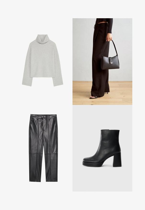 Világosszürke, bordázott garbó pulóver hosszú ujjakkal és laza szabással. A kötött textúra puha, és a gallér hajtott.; Fekete bőrnadrág sima textúrával, egyenes szabással, két elülső zsebbel és látható varrás részletekkel.; Fekete bőr bokacsizma tömbsarkal és platform talppal, oldalról nézve, sima fehér háttéren.; Fekete kézi táska strukturált formával, sima textúrával és fémből készült záródással. Széles fekete nadrággal és nyitott orrú szandállal párosítva, fából készült padlón.