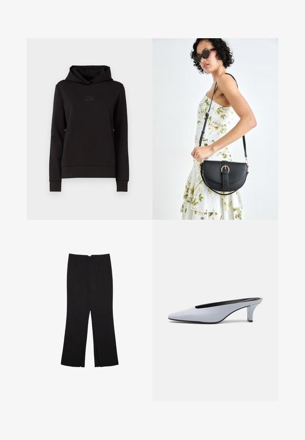 Črna kapuca iz gladkega materiala, opremljena z vrvico za zategovanje, rebrastimi manšetami in toniranim CK logotipom na prsih.; Črne hlače ravnega kroja z naglavnimi žepi in stranskimi razporki na robu. Narejene iz mehke, gladke tkanine. Primerne za različne priložnosti.; Svetlo modre lakirane mule s poudarjenim nosom, nizkim prozornim petam in elegantnim dizajnom z izrezom na sprednjem delu.; Črna usnjena torbica s ukrivljeno obliko, z odstranljivo naramnico in zlatimi dodatki. Torbica ima pokrov s podrobnostmi v obliki zaponke.