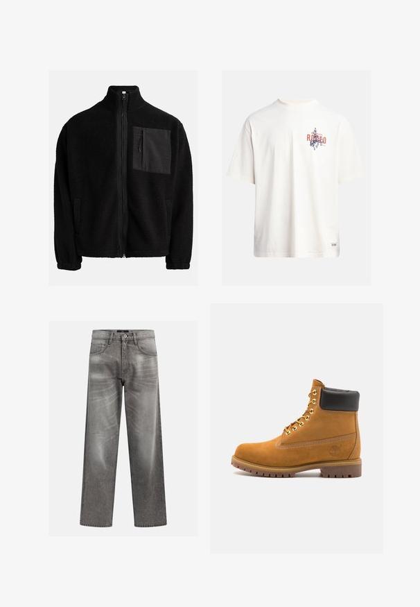 Zwarte, ritsjack gemaakt van getextureerde fleece, met een linkse borstzak van contrasterend materiaal en zijzakken.; Crème katoenen t-shirt met korte mouwen en een ronde hals. Kenmerkt een grafische print in blauw en rood met tekst en een motief.; Grijze denims met een losse pasvorm, voorzien van whiskering en vervagingdetails, een klassieke vijf-pocketontwerp en een knoopsluiting.; Tan suède enkelboot met zwart gevoerd kraagje, gouden metalen oogjes, witte stikdetails en een robuuste rubberen zool met uitgesproken profiel.