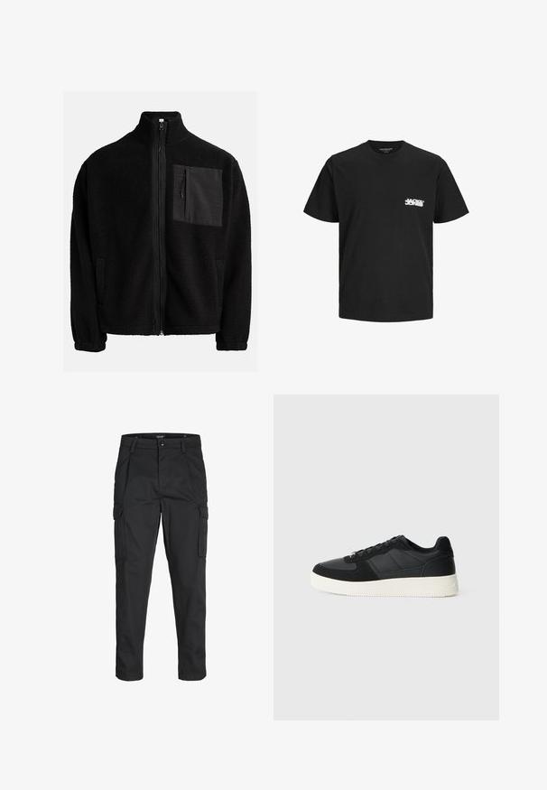 Zwarte, ritsjack gemaakt van getextureerde fleece, met een linkse borstzak van contrasterend materiaal en zijzakken.; Zwarte katoenen T-shirt met korte mouwen, ronde hals en een witte logo-opdruk aan de linkerkant van de borst. Gladde textuur, klassieke pasvorm.; Zwarte cargobroek van stevig stof, met meerdere zakken, een knoopsluiting en een slim fit ontwerp met taps toelopende benen.; Zwarte low-top sneaker met gestructureerd leer en suède panelen, witte rubberen zool en zwarte veters op een effen lichte achtergrond.