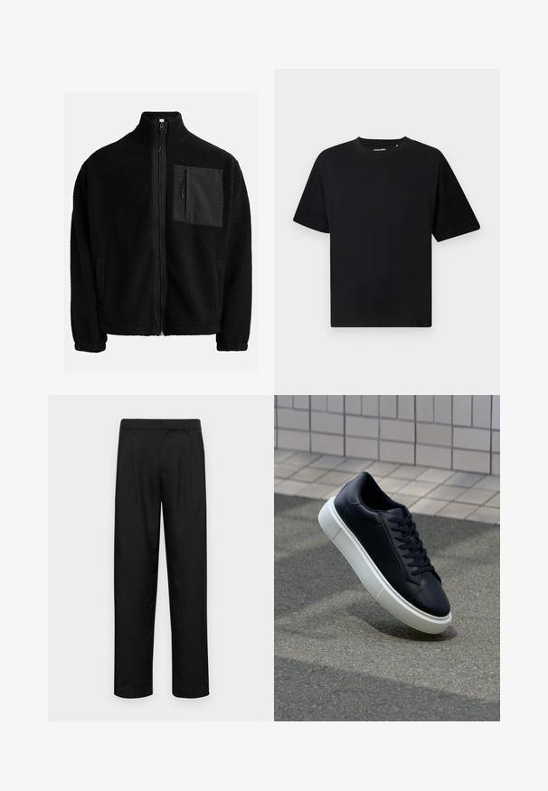 Veste noire à fermeture éclair en polaire texturée, dotée d'une poche sur la poitrine gauche en matériau contrastant et de poches latérales.; T-shirt noir à manches courtes et col ras du cou avec une coupe décontractée, présenté sur un fond blanc.; Pantalons noirs en tissu lisse, avec une coupe droite, deux plis avant et une taille standard avec passants de ceinture.; Baskets noires en cuir avec bout arrondi et semelle en caoutchouc blanc. Elles présentent des lacets plats et une couture minimale sur la tige. Semelle texturée pour une bonne adhérence.
