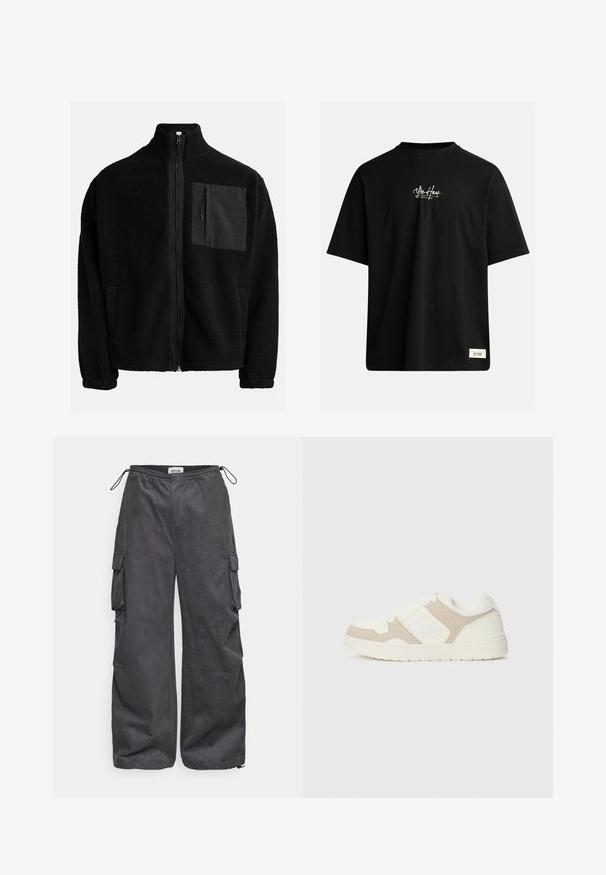 Veste noire à fermeture éclair en polaire texturée, dotée d'une poche sur la poitrine gauche en matériau contrastant et de poches latérales.; T-shirt noir à manches courtes en coton. Présente un petit logo blanc sur la poitrine et une étiquette rectangulaire en bas à droite.; Pantalons cargo gris en tissu texturé, avec une taille élastique, un cordon de serrage et des poches latérales. Coupe ample avec des jambes larges.; Baskets blanches et beiges présentant une combinaison de textures lisses et en daim, un bout rond, un système de laçage et une semelle en caoutchouc plate.
