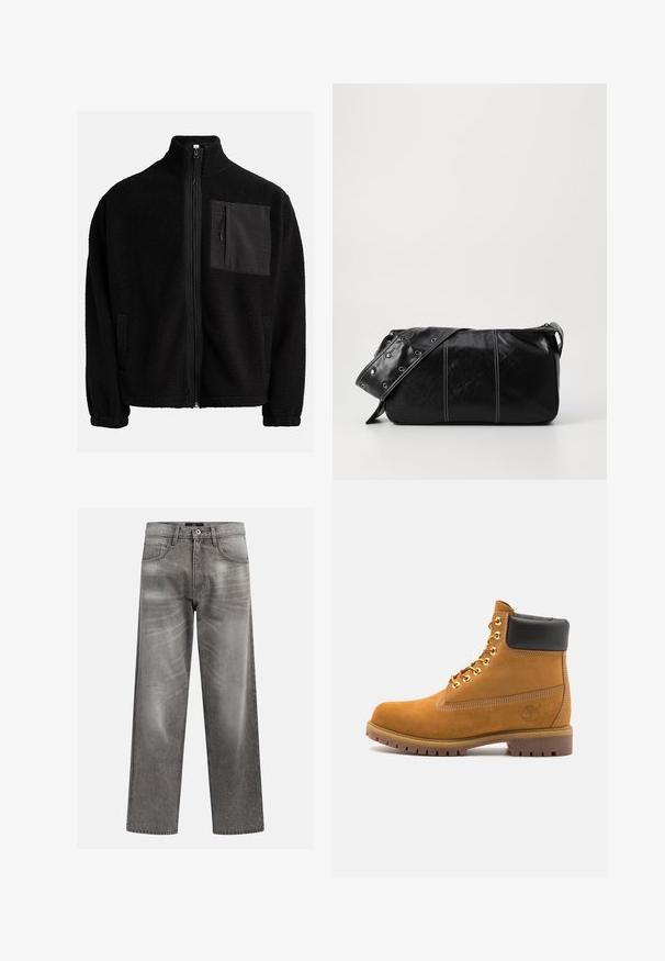 Black, zip-up jacket made of textured fleece, featuring a left chest pocket with a contrasting material and side pockets.; Gray denim jeans with a loose fit, featuring whiskering and fading details, a classic five-pocket design, and a button closure.; Tan suede ankle boot with black padded collar, gold metal eyelets, white stitching detailing, and rugged rubber sole with pronounced treads.; Black leather shoulder bag with a zip closure, featuring a textured body, white stitching, and a strap with silver grommets.