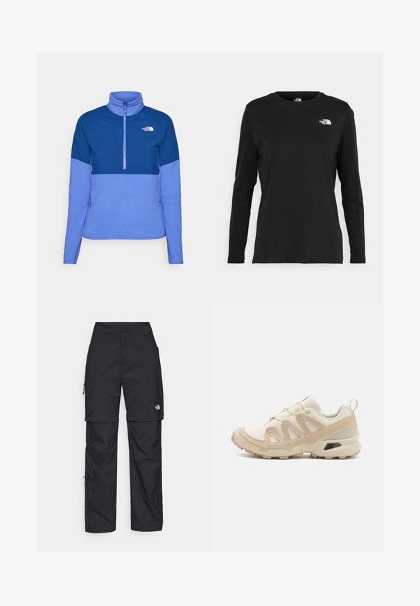 Casaco de pullover em fleece em tons de azul, com gola de fecho de um quarto, painel superior texturizado e seção inferior lisa com bolsos laterais.; T-shirt preto de mangas longas, feito de algodão, com decote redondo. Apresenta um pequeno logótipo branco na área esquerda do peito. Design simples e ajuste confortável.; Calças cargo pretas em nylon com fechos de correr removíveis, punhos ajustáveis, múltiplos bolsos e um logótipo na perna direita. Textura suave e leve.; Sapatilha atlética beige e creme com parte superior em malha texturizada, sobreposições de suporte e sola de borracha com um padrão de cravo para tração.