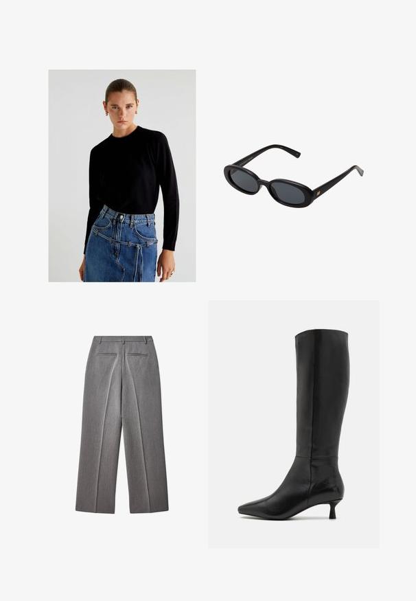 Scalpers Pullover - black; Pantalons tailleur gris avec une taille plate, une coupe droite, deux poches arrière et une texture subtile.; Zign Bottes - black; Lunettes de soleil noires surdimensionnées avec des verres ovoïdes, monture en plastique lisse et accents dorés sur les tempes. Les verres sombres offrent une protection contre le soleil.
