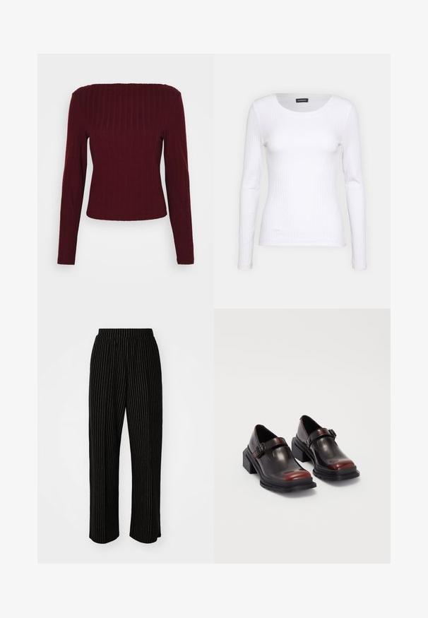 Top lung cu maneci lungi burgund cu decolteu drept, siluetă ajustată și țesătură texturată. Construcție fără cusături la manșete și la tiv.; Top alb cu dungi, cu mânecă lungă și guler rotund. Fabricat dintr-un material elastic care se îmbină cu corpul. Are linii orizontale subtile.; Pantaloni negri, cu picioare largi, cu dungi verticale albe, având un brâu elastic pentru confort și o textură netedă, moale.; Pantofi cu toc pătrat din piele, cu o finisare lucioasă de burgundă închisă, având o curea cu cataramă și un design cu vârf rotund. Talpa texturată pentru aderență.