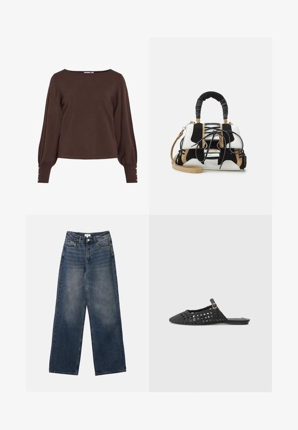 Rudas megztinis su valtimi panašiu kaklo iškirpte, ilgomis pūstomis rankovėmis ir sagutėmis rankogaliuose. Turi laisvo kirpimo siluetą ir lygų paviršių.; Vyriški mėlyni džinsai su aukštu liemeniu, plačiais džinsais, priekyje su mygtuku ir užtrauktuku, taip pat su priekiniu ir galiniu kišeniu.; Juoda pintinė basutė su smailiu pirštu, tekstūruota medžiaga, šoniniu sagties akcentu ir plokščiu padu.; Daugiaspalvė rankinė su juoda, balta ir smėline tinkleliu. Yra tekstūruota rankena, nertimo dizainas ir nuimamas peties diržas.