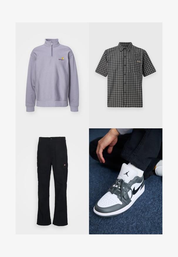 Light purple pullover sweatshirt with high collar, half-zip closure, and ribbed cuffs. Features logo in dark maroon and yellow accents.; Short-sleeve shirt in black and white plaid pattern, featuring a button-down collar, front pocket, and a small label on the chest.; Black cargo pants with a straight leg design, made from durable fabric, featuring side pockets and a patch logo on the left side.; Nike Air Jordan 1 sneakers in white and gray leather, featuring a black logo, perforated toe, and flat gray laces.