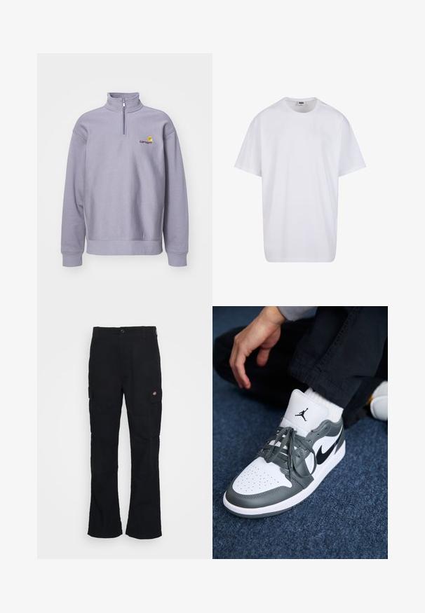 Pullover in morbido lilla con collo alto, chiusura a mezza zip e polsini a costine. Presenta un logo in un marrone scuro con accenti gialli.; Maglietta bianca in cotone con maniche corte, scollatura rotonda, vestibilità comoda e senza loghi o motivi visibili. Texture liscia e design minimale.; Pantaloni cargo neri con design a gamba dritta, realizzati in tessuto resistente, con tasche laterali e un logo a patch sul lato sinistro.; Sneakers Nike Air Jordan 1 in pelle bianca e grigia, con un logo nero, punta perforata e lacci grigi piatti.