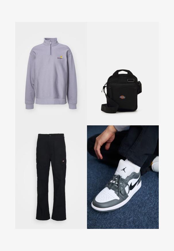 Gaiši violetas pulovers ar augstu apkakli, pusslēdzētu aizdari un ribinātām piedurknēm. Ar tumši sarkanu logotipu un dzelteniem akcentiem.; Melni cargo bikses ar taisnu kāju dizainu, izgatavotas no izturīga auduma, ar sānu kabatām un plāksteri ar logotipu pa kreisi.; Nike Air Jordan 1 kedas baltā un pelēkā ādas krāsā, ar melnu logotipu, perforētu purngalu un plakaniem pelēkiem šņorēm.; Melna pleca soma ar rāvējslēdzēja kabatu, taisnstūra forma, izgatavota no auduma, ar logotipa uzšuvi priekšpusē, regulējams plecu siksna.