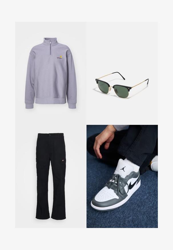 Hellblauer Pullover-Sweatshirt mit hohem Kragen, halber Reißverschluss und gerippten Bündchen. Mit Logo in Dunkelmaroon und gelben Akzenten.; Schwarze Cargo-Hose mit geradem Bein, aus strapazierfähigem Stoff gefertigt, mit Seitentaschen und einem aufgenähten Logo auf der linken Seite.; Nike Air Jordan 1 Sneakers aus weißem und grauem Leder, mit einem schwarzen Logo, perforierter Zehenpartie und flachen grauen Schnürsenkeln.; Sonnenbrille mit grünen Gläsern, schwarzem Kunststoff-Oberrahmen, goldenen Metallelementen und schlanken schwarzen Bügeln. Hat ein markantes Brückendesign.